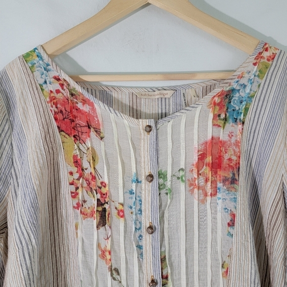 Soft Surroundings Women Tunic Top Sz L Tan Striped Floral Long Sleeve Boho - Picture 4 of 12